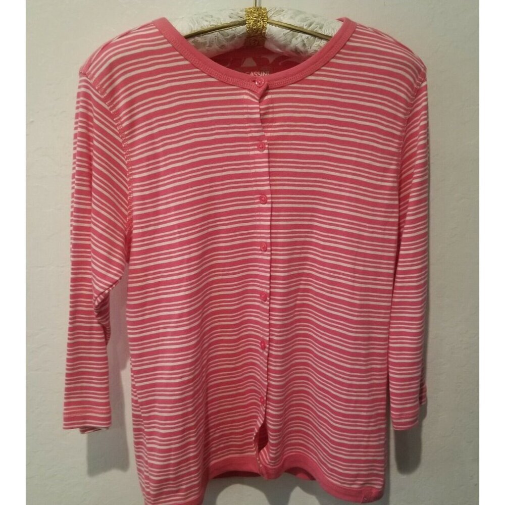 Oleg Cassini Sport Women Pink Striped Button Front Cardigan Sweater Lightweight